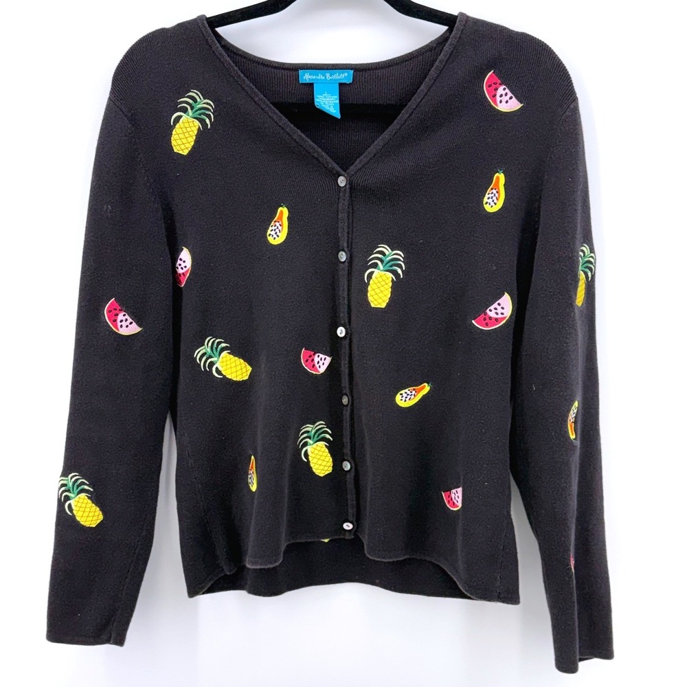 Alexandra Bartlett Vtg 90s Embroidered Fruit Cardigan Pineapple Cotton L Kitschy
